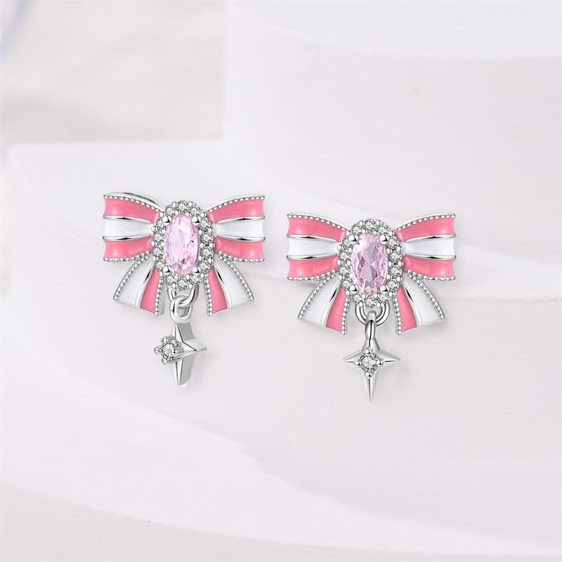 100% 925 Silver Romantic Pink Bow Earrings Sparkling Heart-Shaped Zircon Ear Studs For Women Wedding Engagement Jewelry