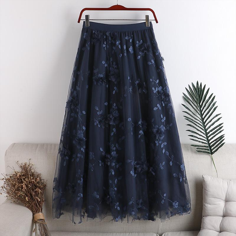Fashion Elastic Waist Appliques Embroidery Floral Mesh Skirt Casual Flower Midi Skirt for Women High Waist Summer Korean