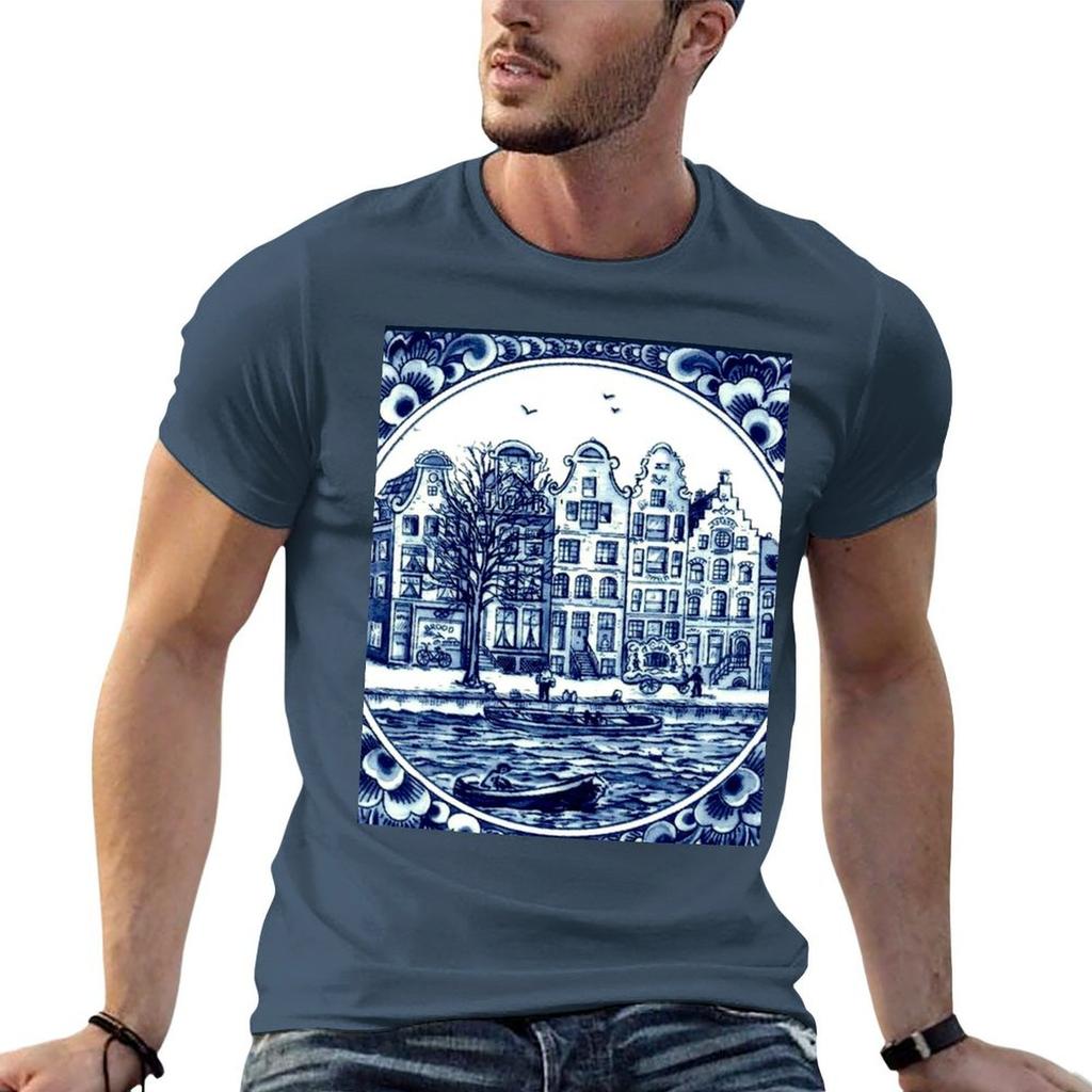 DUTCH BLUE DELFT Vintage Boats in Canal Amsterdam Print TShirt Basic Crew Neck Short Sleeve Top