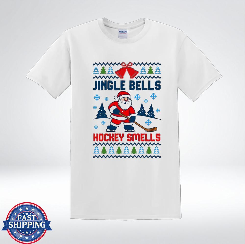 Jingle Bells Хоккей Пахнет Смешно Санта Уродливая Рождественская Хоккейная Футболка