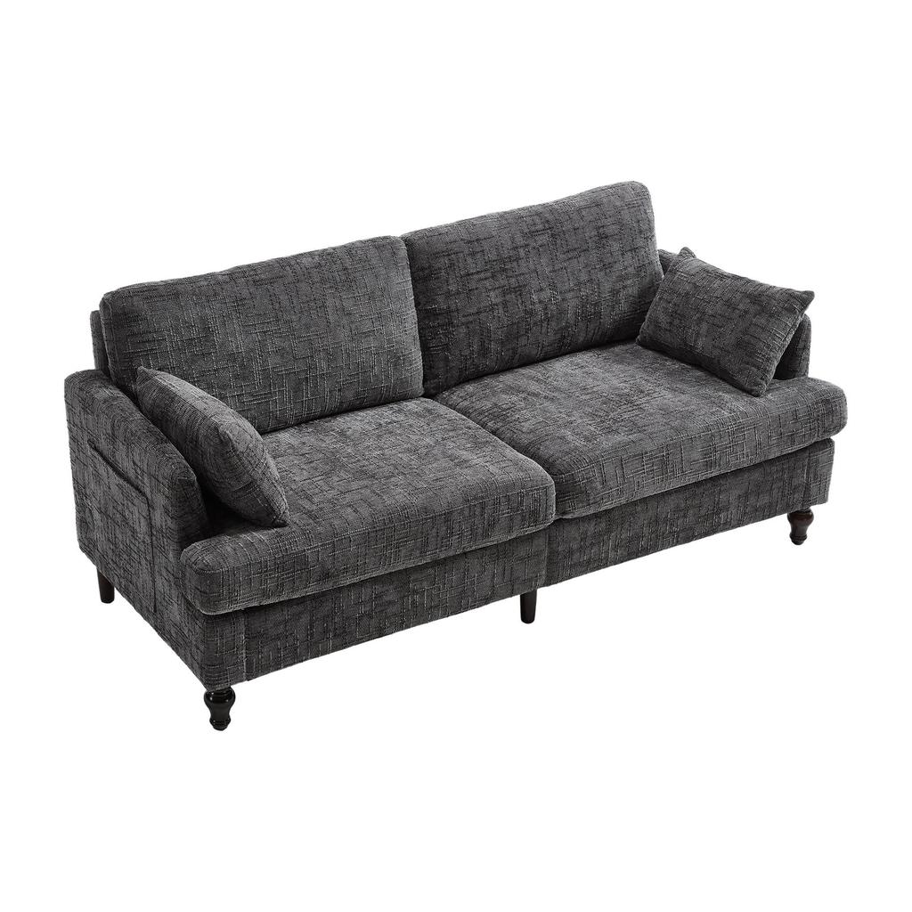 Modern two-seater Chenille sofa, wooden legs, LED lights, USB charger and storage bag