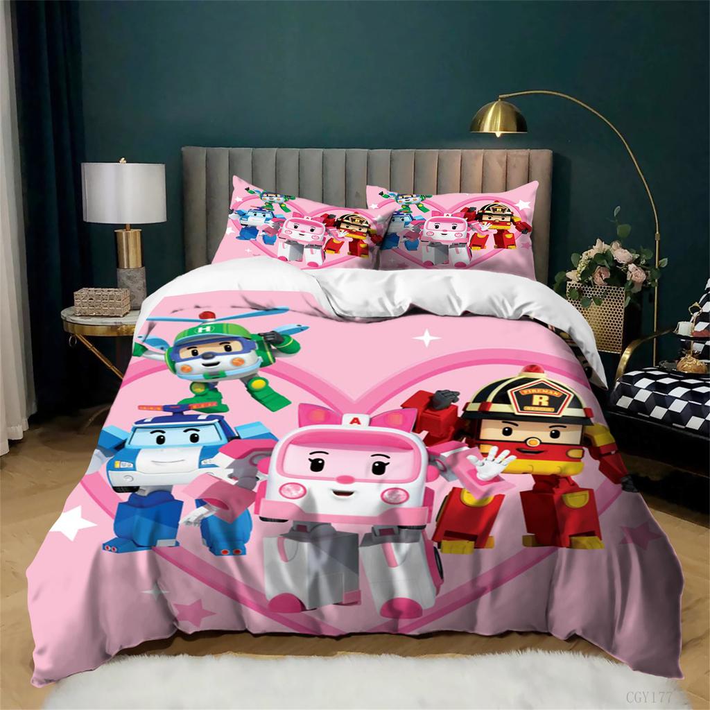 3pcs Roboc-ar Poli Duvet Cover Set All Season Lightweight Bedding Set Cartoon Soft Breathable Quilt Cover with Zipper Closure