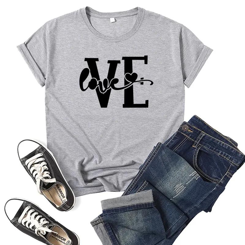 Splicing LOVE Heart Print Парная футболка с коротким рукавом и круглым вырезом, свободная футболка King Queen, футболка для любителей моды, топы, одежда