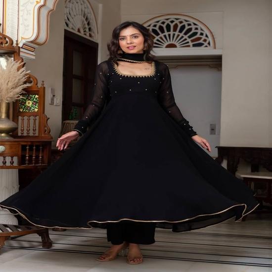Women's Black Embroidered Anarkali Suit Set with Sheer Dupatta