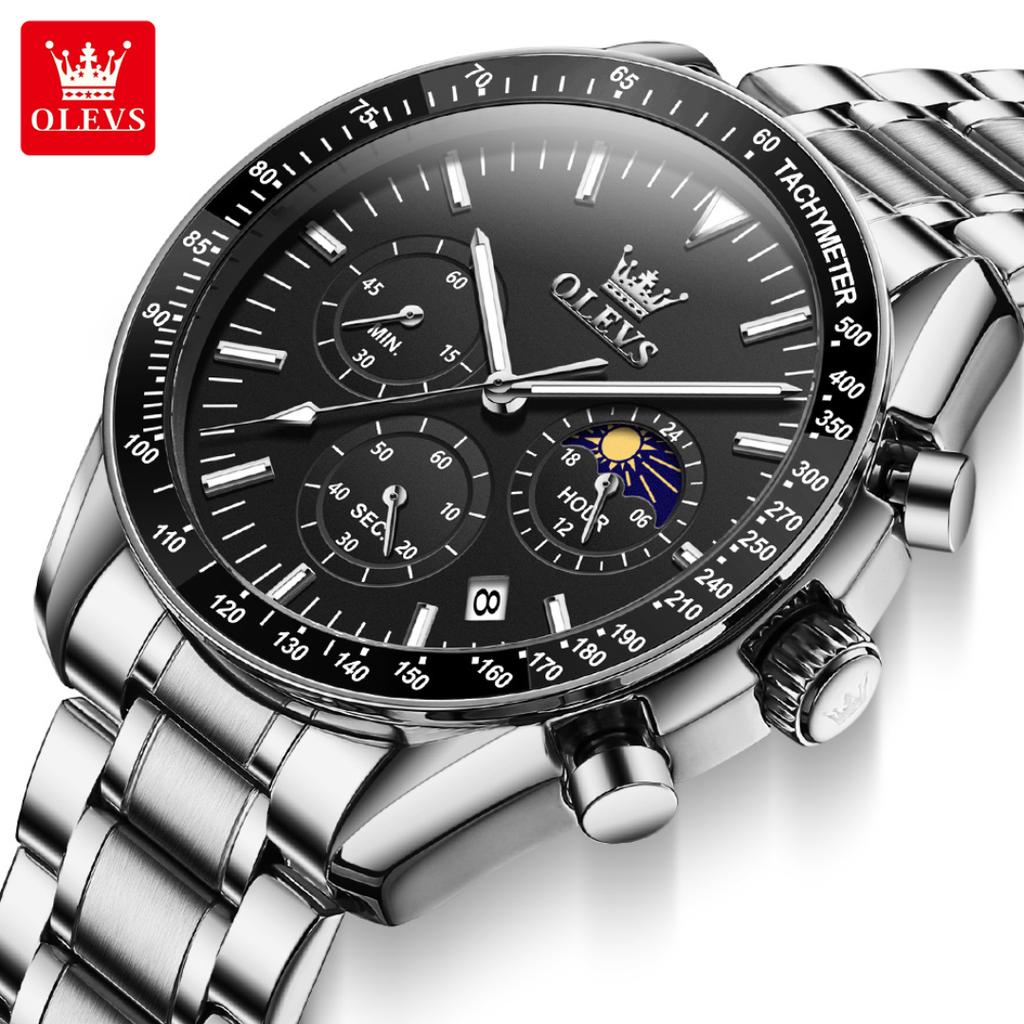 Модные синие кварцевые часы для мужчин из нержавеющей стали, водонепроницаемые, светящиеся, дата, фазы Луны, хронограф, часы для мужчин