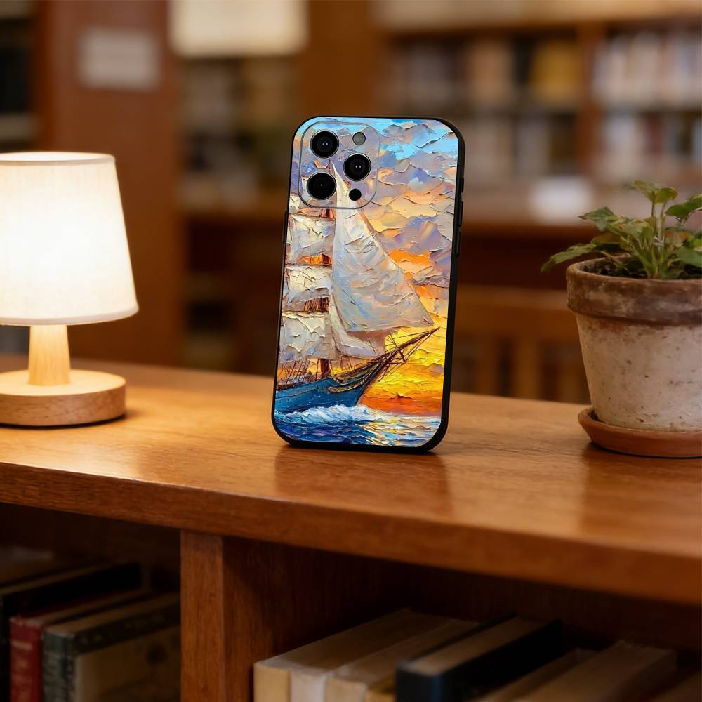 Масляная живопись парусник Чехол для телефона для iPhone 17,16,15,14,13,12,11 Plus,Pro Max,XS,Мягкий силиконовый черный чехол