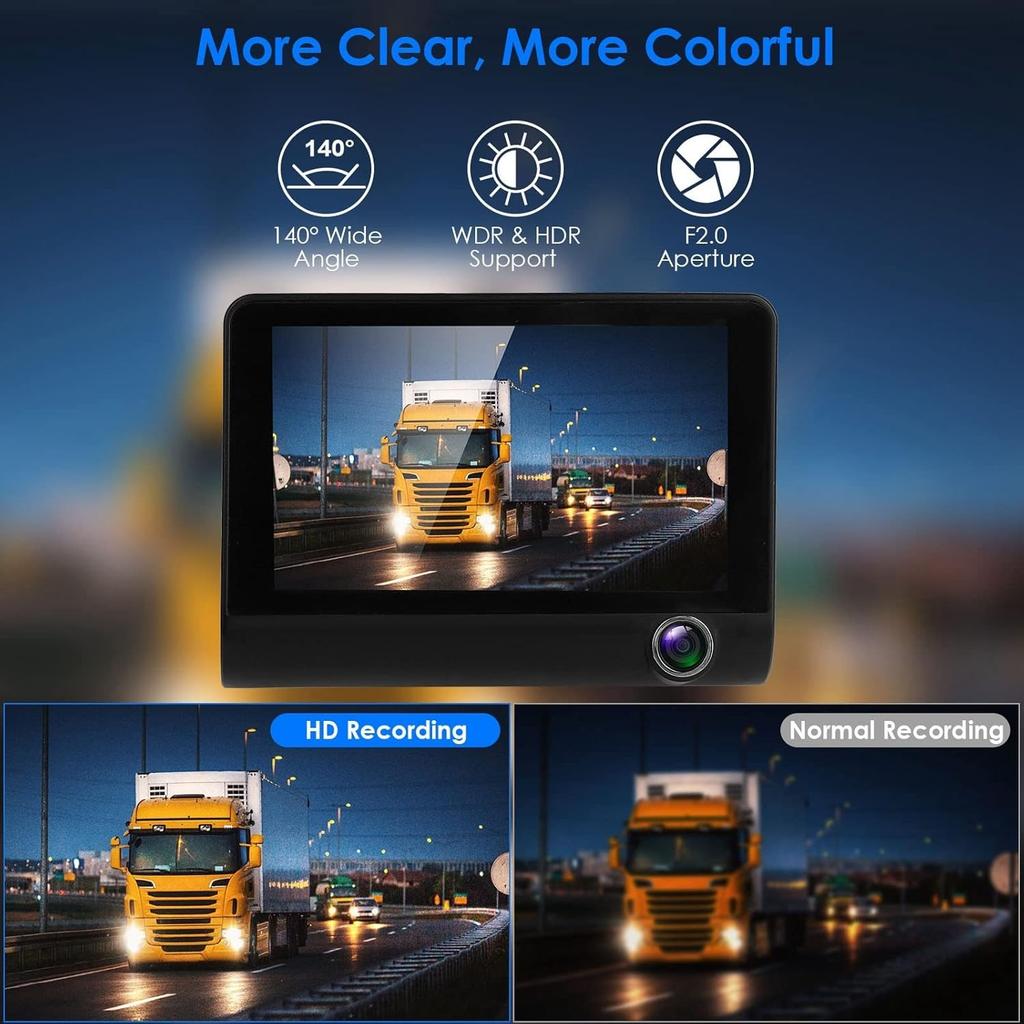 Dash Cam, 4 inches 1296P 3 Channels Car Dash Camera Front Inside and Rear Camera Car Camera 140°Wide Angle Looping Recording G-SensorHDR Motion