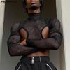 Men Mockneck Long Sleeve Mesh Sheer Cutout T-shirts See Through Crop Tops