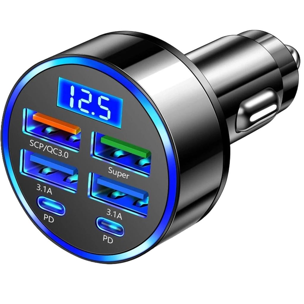 6-port Fast Car Charger With Voltage Monitor, Car Lighter USB Charger (PD+QC3.0), Compatible With Most Models, USB C Car Charger For Cars