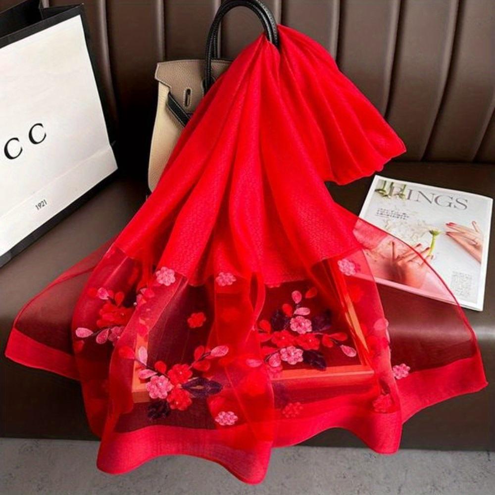 Элегантный шелковый шарф с цветочной вышивкой для женщин, стильная пляжная шаль с бисерной отделкой для защиты от солнца, богемный ветрозащитный маст-хэв