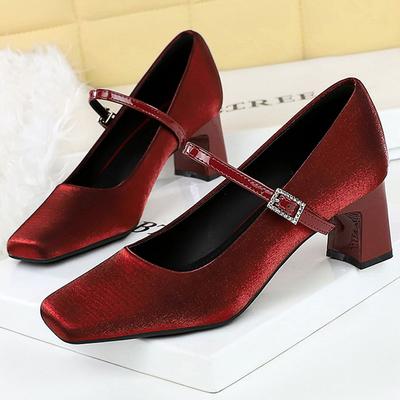 Туфли 5 см Квадратный носок Женские туфли-лодочки Пряжка со стразами Туфли на среднем каблуке Толстый каблук шелк атлас Туфли на высоком каблуке Банкетная обувь