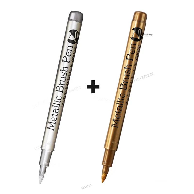 1/3Pcs Brush Metallic Marker Pens Gold Silver Copper Permanent Art Paint Marker Pen for Crafts Scrapbooking Fabric Art Supplies