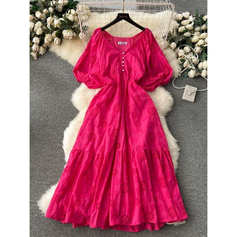 Retro Lantern Sleeve Heavy Industry Ruffles Dress Embroider