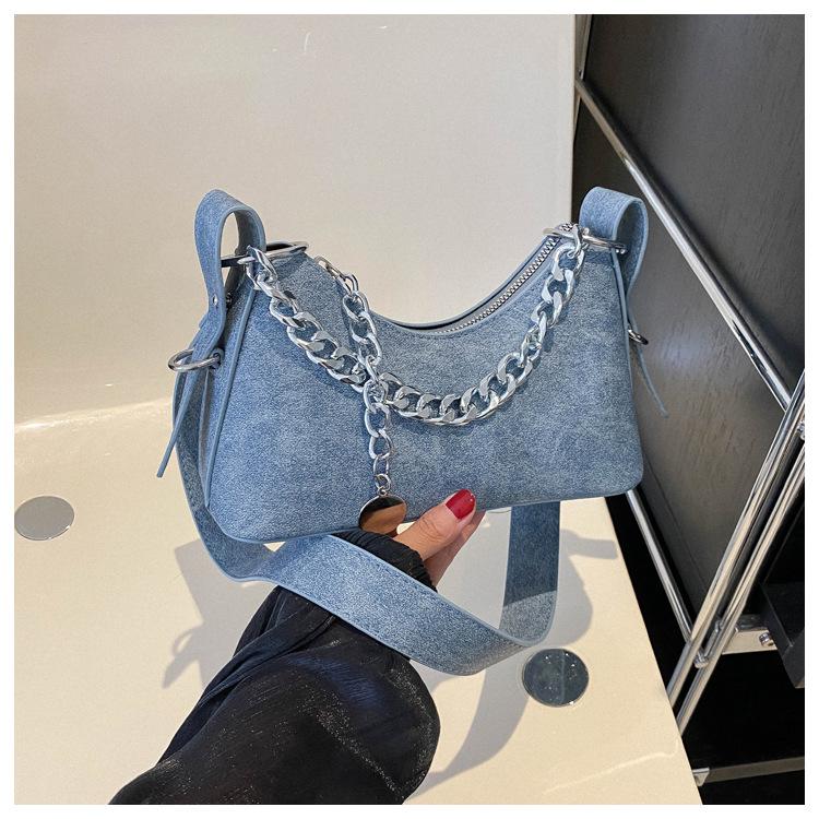 Осень Простая Мода 2025 Тренд Повседневная Однотонная ПУ Повседневная Наплечная Джинсовая Сумка-Полумесяц Под Мышку Женская