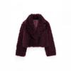 Womens Faux Fur Coat Loose Fit Turn-Down Collar Long Sleeve Elegant 2025 Fall Wine Red