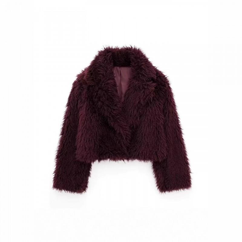 Womens Faux Fur Coat Loose Fit Turn-Down Collar Long Sleeve Elegant 2025 Fall Wine Red