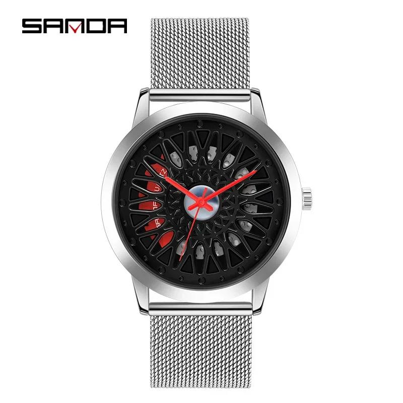 Fashion Sanda 1060 Car Wheel Hollow Out Design Carved Dial Waterproof Strap Optional Quartz Movement Men Leisure Sports Watches