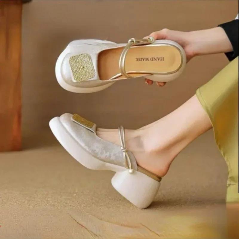 National Tide Style Baotou Thick-soled Sandals Women's Semi-slip Wear-resistant Block Heel Slippers Womens Shoes