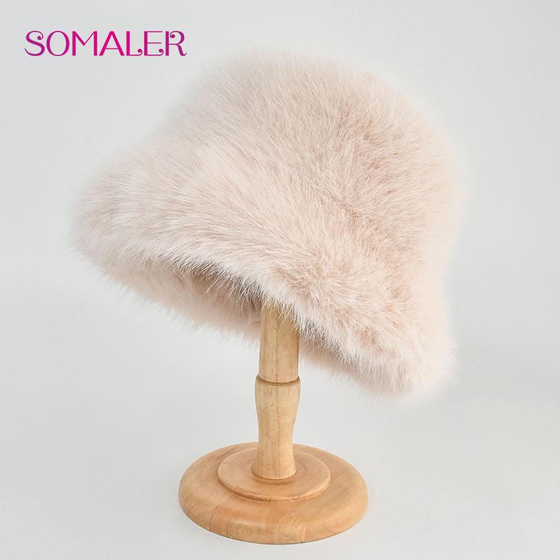 SOMALER Colorful Faux Fur Bucket Hats for Women Plush Bleaching and Dyeing Color Cap Fashion Warm Fluffy Faux Fur Furry Bucket Cap