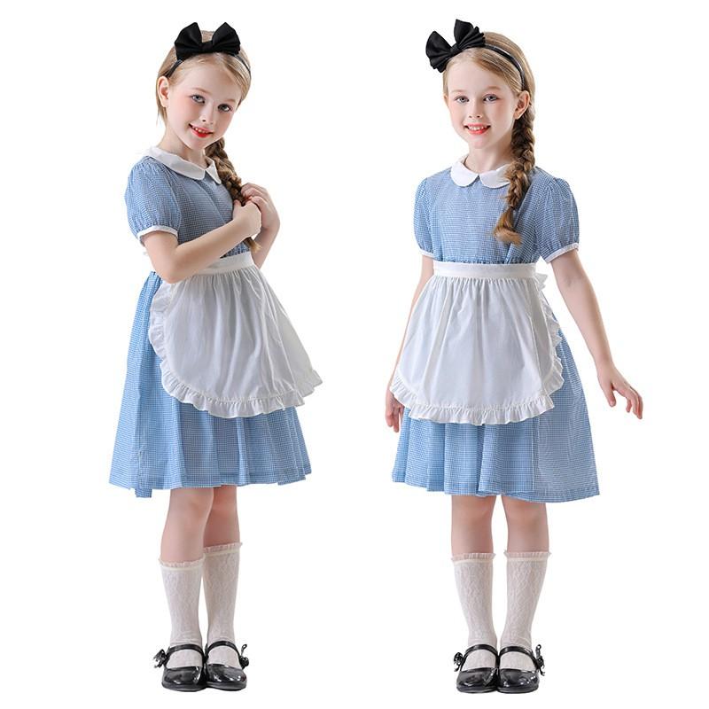 Halloween Costume Girls Blue Alice Princess Dress Maid Outfit Kids Party 120-150