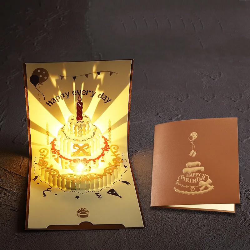 Birthday card with 3D light music pop-up cake creative greeting card gift message CARDS for happy birthday party