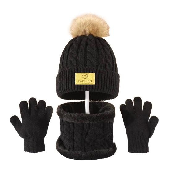 3 шт./набор Детская зимняя шапка, шарф, перчатки, комплект, Декор плюшевым помпоном, Вязаная шапка с текстурой переплетения, без полей, Вязаные перчатки, Флисовая подкладка, Набор гетр для шеи