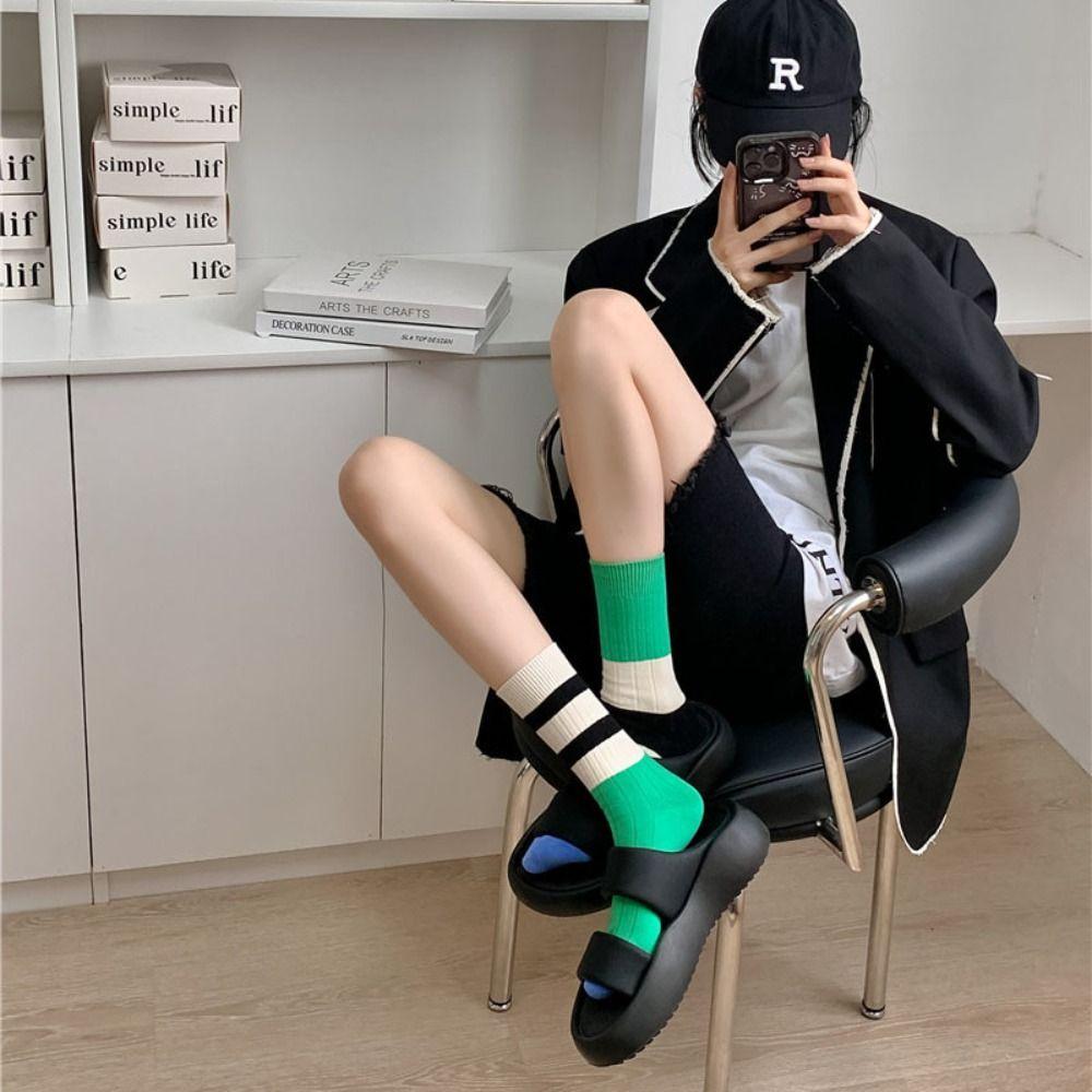 A Pair Stripes Mid Tube Socks Warm Womens Crew Socks Durable Cotton Socks At All Seasons