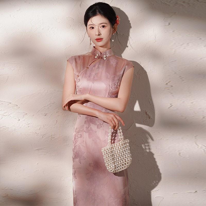 Pink Sleeveless Modern Chinese-Inspired Long Cheongsam Dress Women 2026 Daily Wear