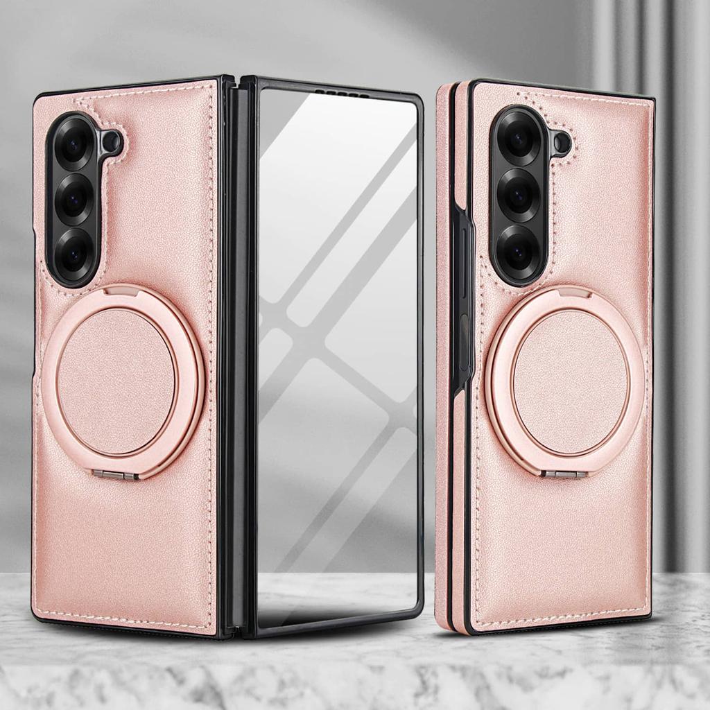 Чехлы из ПУ кожи для Samsung Galaxy Z Fold 7/6/5/4/3 Со встроенной защитой экрана Магнитный 360-градусный поворотный держатель-кольцо