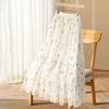 Сетчатая юбка с цветочным принтом для женского лета, новая, с высокой талией, средней длины, плиссированная юбка с большим расклешением из пряжи