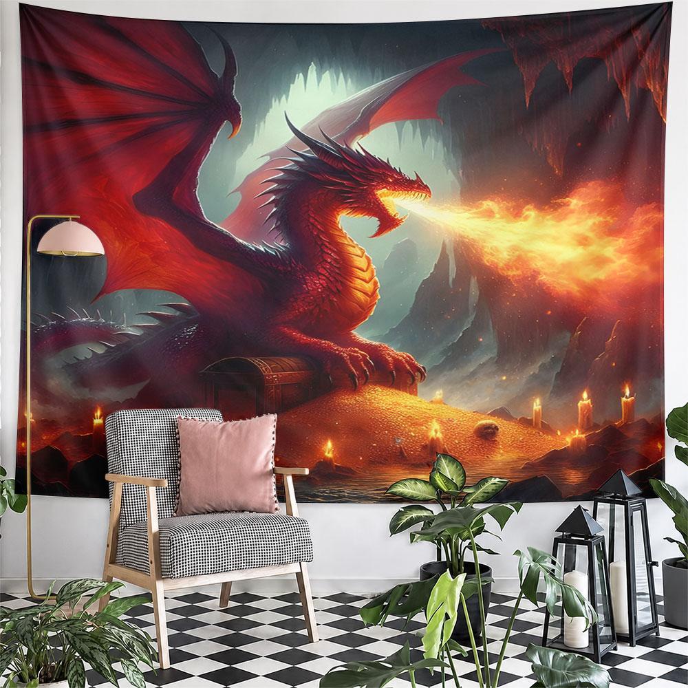 Fiery Red Dragon Guarding Treasure Pattern Wall Hanging Tapestry Decorative Tapestry Home Decor for Bedroom and Living Room