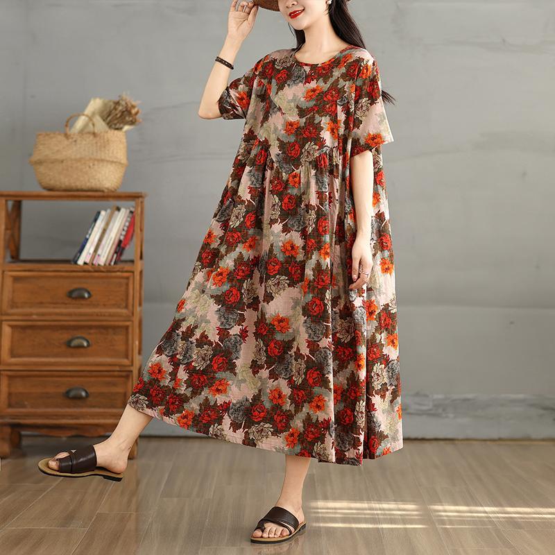 DIMANAF 2025 Women Plus Size Spring Summer Dress Casual Floral Dress Basic Vintage Loose Long Dress Maxi 9301