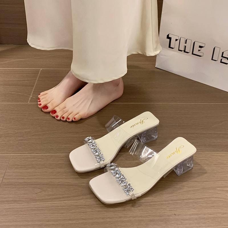 Красивые туфли на высоком каблуке, летняя одежда 2024 года, новая юбка французской феи со стразами, прозрачные босоножки с кристаллами