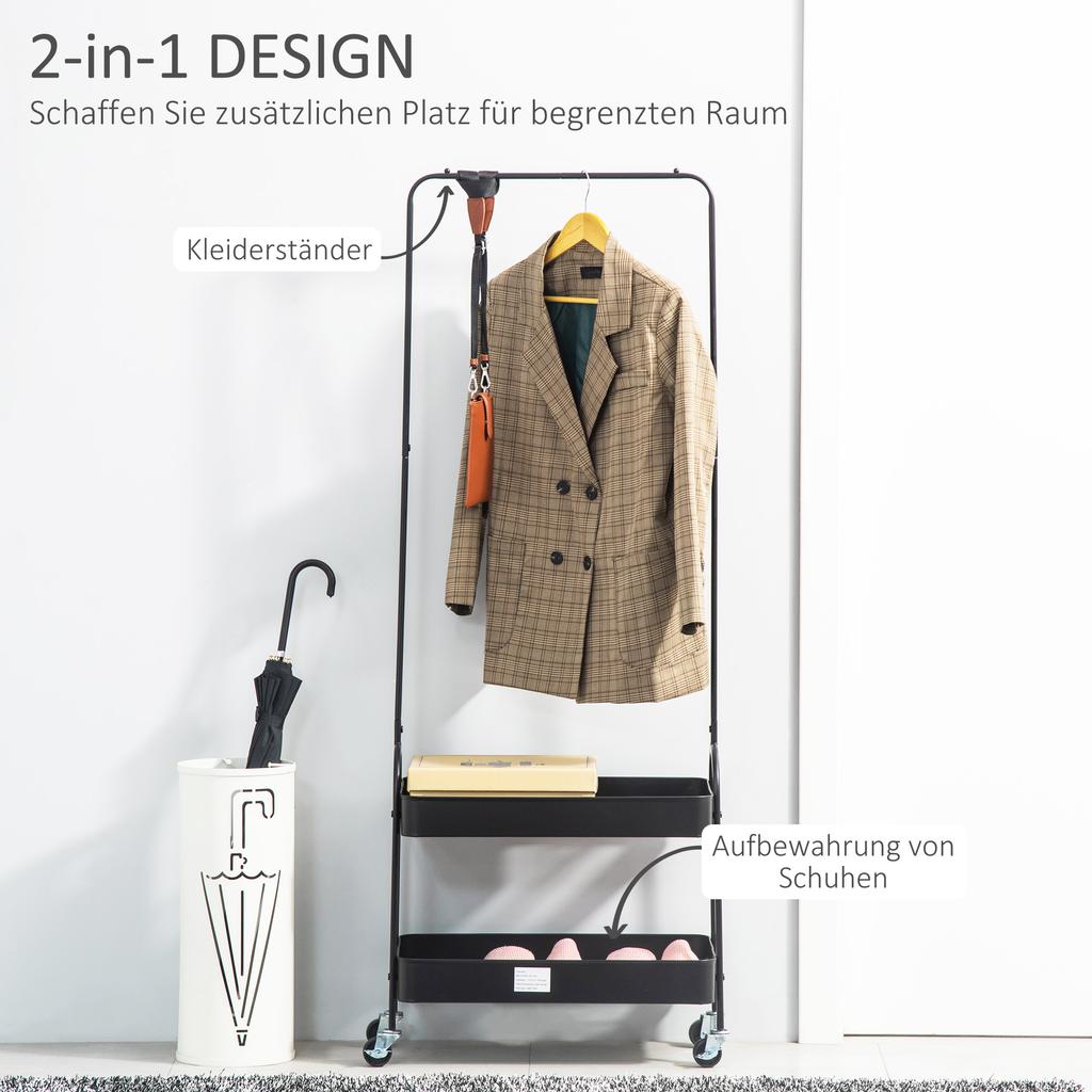 Mobile Freestanding Metal Clothes Rack with Shoe Shelf, Black