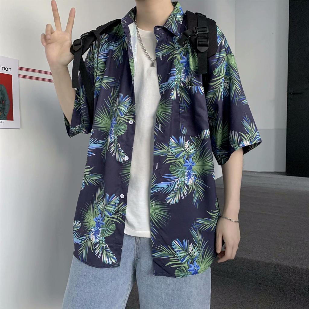 Hawaiian Men's Casual Flower Shirt Hong Kong Style Retro Beach Shirt Floral Couple Flower Shirt Short Sleeve Men