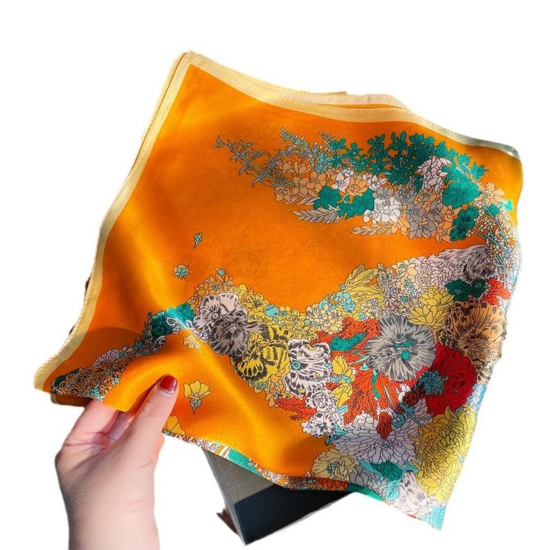 New Flower Pony Printing Plain Crepe Satin Silk Silk Scarf Women's Spring Light Luxury Premium Mulberry Silk Square Scarf