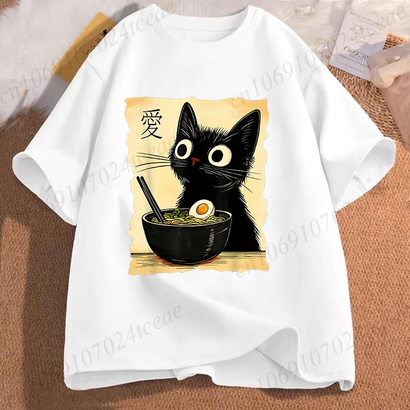 Funny Cat Ramen Graphic Tee Japanese Kawaii Anime Cat T-Shirt Fashion T-shirts Short Sleeve Clothes Trend Casual Unisex Tshirts
