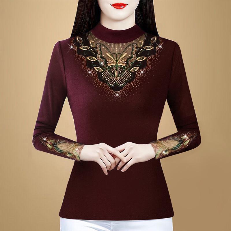 New Spring Embroidery Hot Diamond Plus Velvet Thickened Mesh Base Shirt for Women