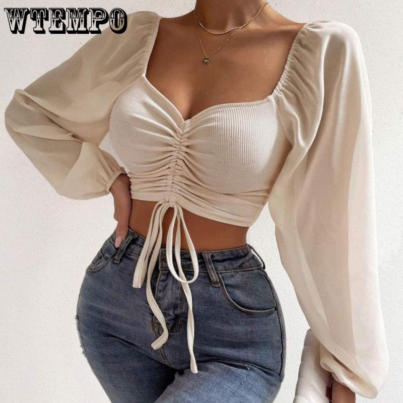 WTEMPO Women's V-Neck Off-Shoulder Blouses Summer Drawstring Bandage Long Sleeve Tops Ladies Korean Fashion Short Clothes