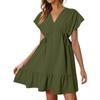Womens Summer Dresses Short Sleeve V Neck Drawstring Casual Ruffle A-Line Swing Dress