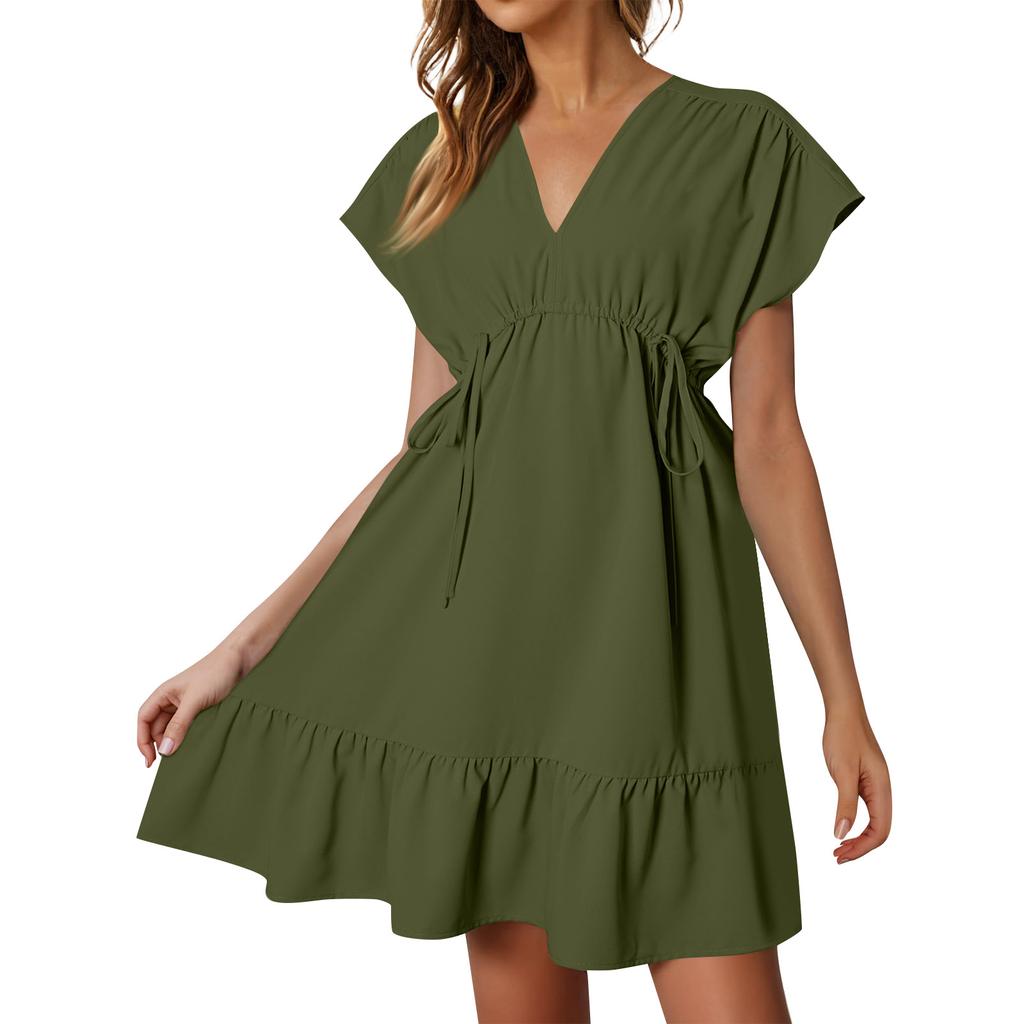 Womens Summer Dresses Short Sleeve V Neck Drawstring Casual Ruffle A-Line Swing Dress