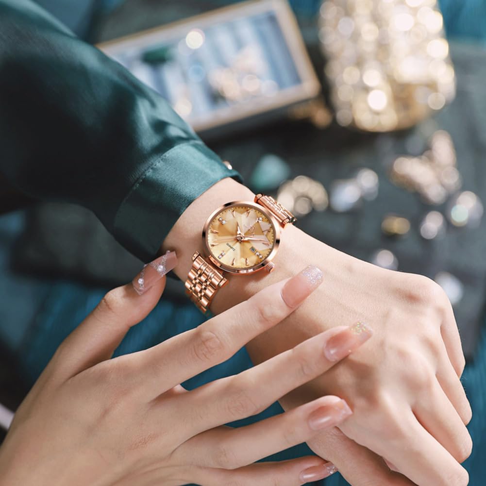 OLEVS Простые, удобные в использовании, женские золотые часы, кварцевые, симпатичные, циферблат, чтение, дата, светящиеся, водонепроницаемые, подарок на день святого Валентина, для женщин,