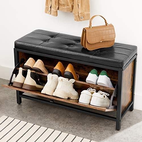 Shoe Bench Padded Shoe Organizer With Lid Shoe Cabinet For 6 Pairs Of Shoes Steel Frame Industrial Design Vintage Brown
