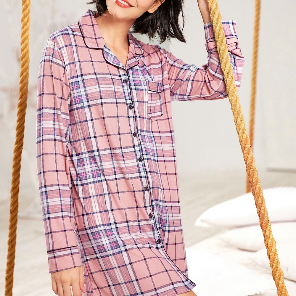 Bright Deer Женская ночная рубашка в клетку с длинным рукавом на пуговицах, ночная рубашка, ночная рубашка с вырезом и окантовкой, ночная рубашка бойфренда, платье для сна, большие размеры S-4XL
