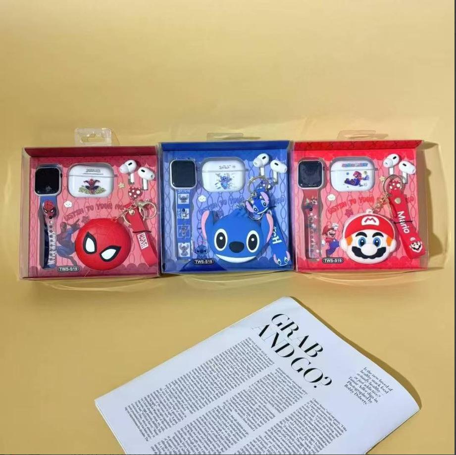 TWS-S19 Wireless Bluetooth Earphones with In-Ear Design, Cute Cartoon Storage Bag, and LED Watch Set