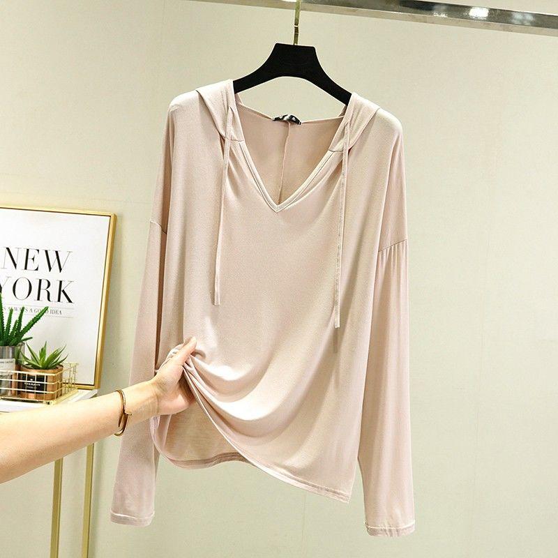 Снаружи модальная футболка с длинными рукавами в корейском стиле, весенне-летняя свободная рубашка большого размера с капюшоном