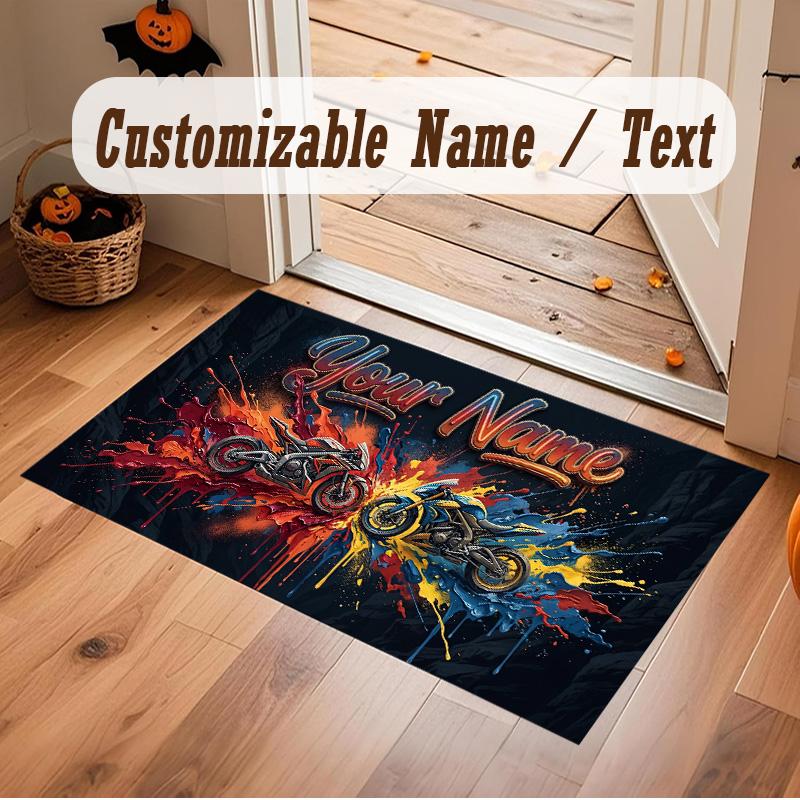 Motorcycle Biker Theme Soft Crystal Velvet Rug Custom Name & Text Print Non Slip Floor Rug for Bedroom Living Room