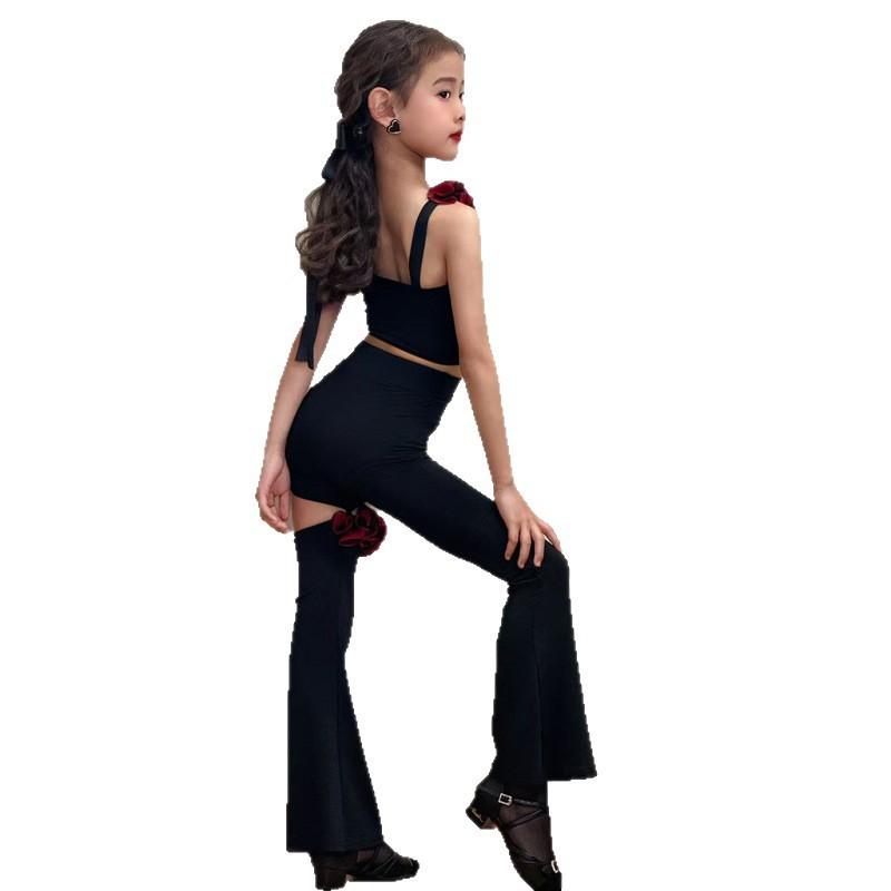 Girls Latin Dance Practice Outfit With Floral Lace Trim Performance Pants Set Nylon Stretch Fabric