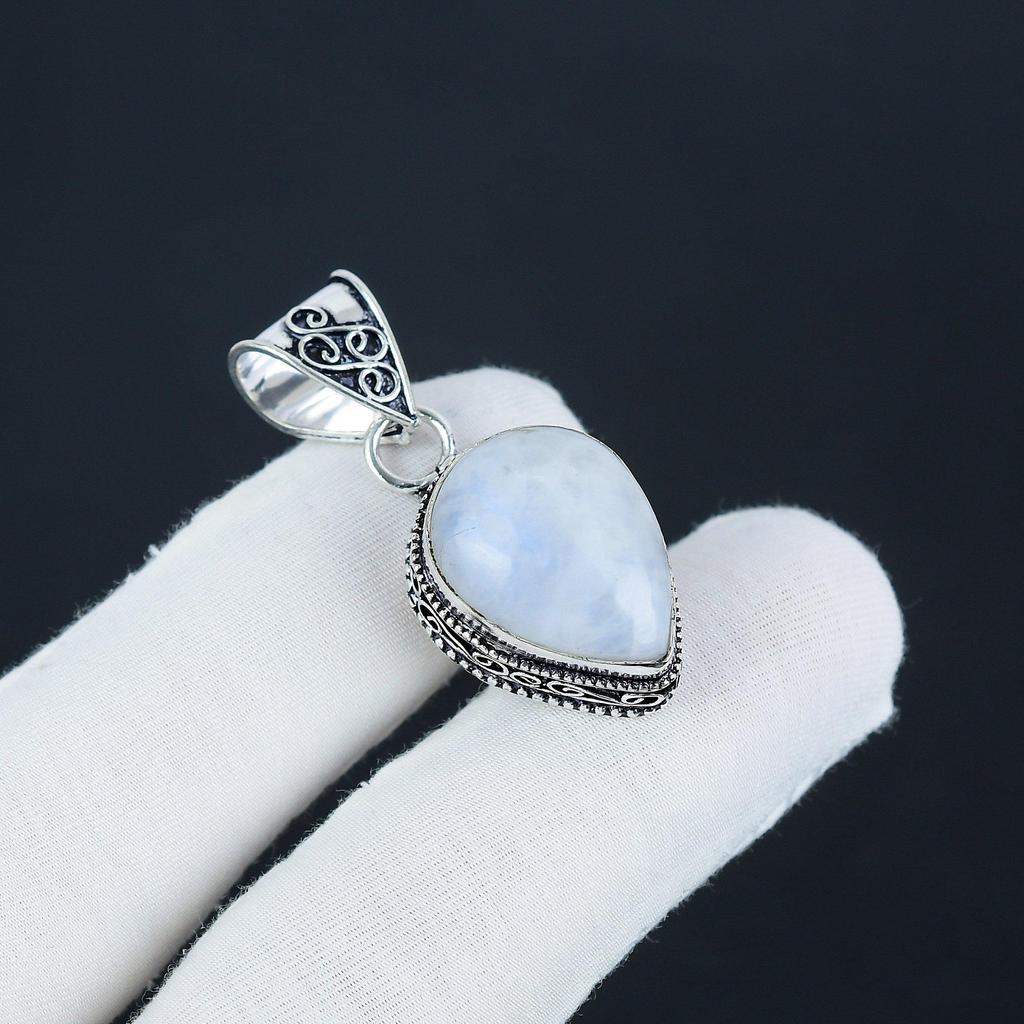 Natural Rainbow Moonstone Silver Pendant In 925 Sterling Silver - Handmade Pear Design, Everyday Wear Jewelry Gift For Her