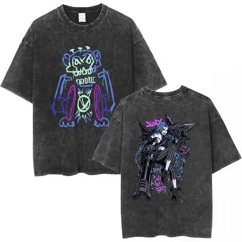 Unisex Arcane Jinx Game Fans Lover Gifts Washed Shirt Harajuku TShirt for Men Women Short Sleeve High Quality Cotton Tees